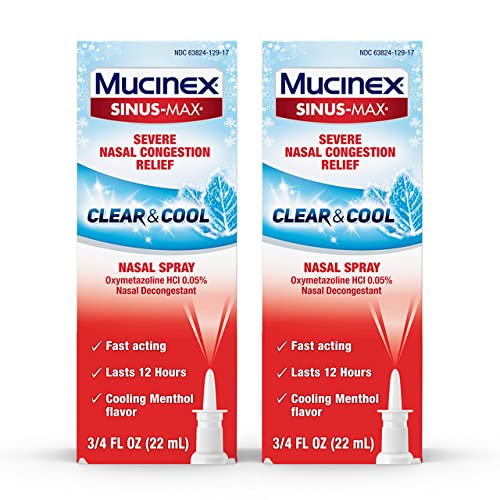 Mucinex Sinus Max Clear & Cool Nasal Decongestant Spray, Cooling Menthol Flavor, 0.75 fl oz, Fast Acting Medicine that Lasts 12 Hours, Relieves Sinus Pressure and Nasal Congestion
