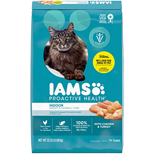 IAMS PROACTIVE HEALTH Adult Indoor Weight Control & Hairball Care Dry Cat Food with Chicken & Turkey Cat Kibble, 22 lb. Bag