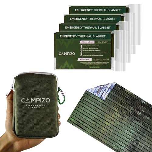 CAMPIZO 4 Pack Emergency Blankets – Thermal Blanket, Space Blanket, Mylar Blanket, Survival Blanket, Foil Blanket, Designed by NASA, Extra Large and Wide for Camping, Hiking, Marathon, (Army Green)