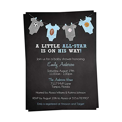 Sports Baby Shower Invitations Chalkboard Blue Boys It’s a Boy Soccer Baseball Basketball Football MVP All Star Invites Customized Printed Cards (12 Count)