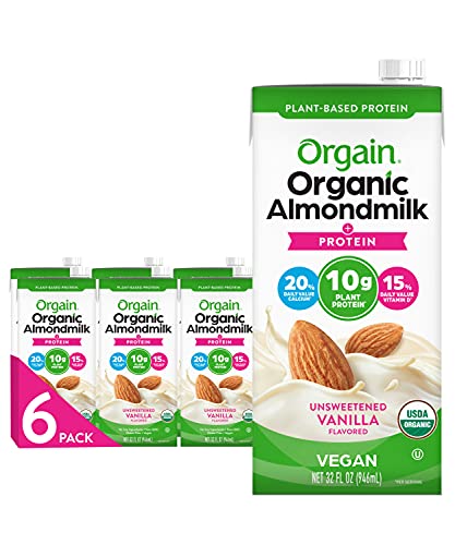 Orgain Organic Plant Based Protein Almond Milk, Unsweetened Vanilla – Non Dairy, Lactose Free, Vegan, Gluten Free, Soy Free, No Sugar Added, Kosher, Non-GMO, 32 Fl Oz (Pack of 6)