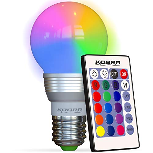 Kobra LED Color Changing Light Bulb with Remote Control – 16 Different Color Choices Smooth, Fade, Flash or Strobe Mode – Smart Remote Lightbulb -RGB & Multi Colored