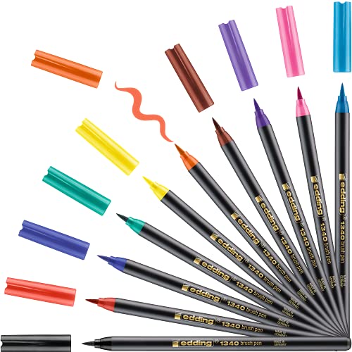 edding 1340 brush pen – set of 10 – colorful, bright, delicate colors – flexible brush nib – felt-nib pen for painting, writing and drawing – bullet journals, hand lettering, mandalas, calligraphy