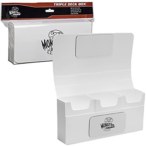 Monster Magnetic Triple Deck Storage Box(White) w/ 3 Removable Deck Trays-Holds 225+ Gaming TCGs- Compatible w/ Yugioh, MTG,Magic The Gathering, Pokémon – Long Lasting, Durable Riveted Construction