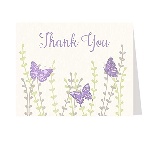 Butterfly Thank You Cards Baby Shower Thank You Notes Butterflies Birthday Girls Botanical Purple Lavender Lilac Fluttering Flowers Little Lady Botanical Butterflies Printed Blank Inside (50 Count)
