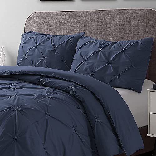 Cathay Home Bedding Set: Exquisite Pintuck Design Comfy and Cozy Ultra Soft Pinch Pleat 3-Piece Comforter & Sham Set -Indigo, King