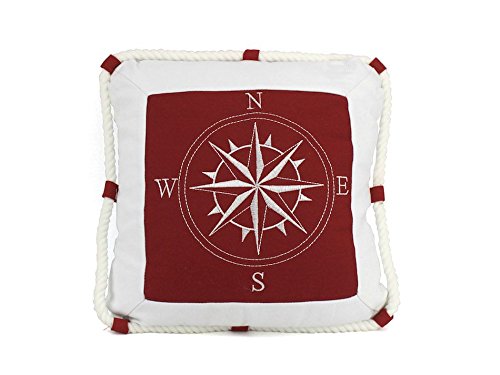 Hampton Nautical Compass with Rope Decorative Thrown Bedroom Beach House Pillow, 16″, Red