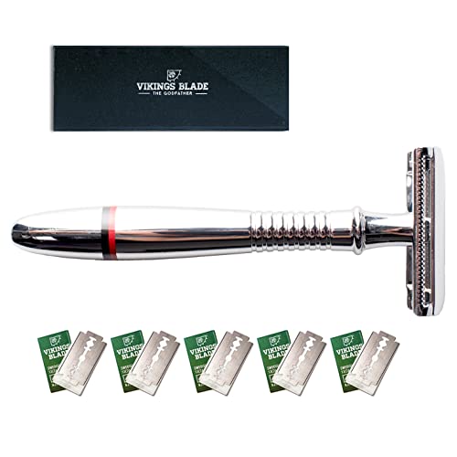 Double Edge Safety Razor by VIKINGS BLADE, Long Handle, Swedish Steel Blades Pack + Luxury Case. Traditional 3 Piece, Heavy Duty, Reduces Razor Burn, Smooth, Close, Clean Shave (Model: The Godfather)