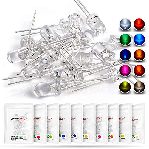 Chanzon 100pcs (10 colors x 10pcs) 5mm LED Diode Lights Assortment (Clear Transparent Lens) H&PC-59042 Emitting Lighting Bulb Lamp Assorted Kit Variety Color White Red Yellow Green Blue Orange UV Pink