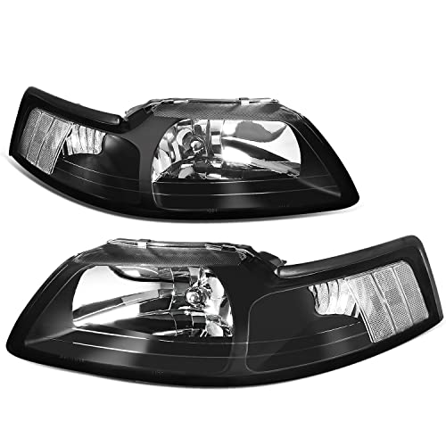 Factory Style Halogen Headlights Assembly Headlamp Kit Compatible with Ford Mustang 1999-2004 New Edge 4th Gen, Pair, Black Housing, Clear Lens