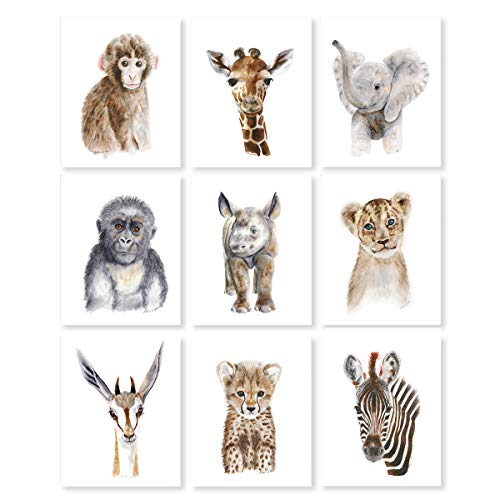 Safari Nursery Print Set of 9 Prints, Jungle Baby Animal Prints: Lion, Giraffe, Elephant, Zebra, Monkey, Cheetah, Gorilla, Antelope, Rhino – Selection of Alternate Animals and Sizes available