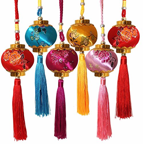 Lucore Colorful Chinese Lucky Lantern Ornaments – 6 pcs Multi-Color Silk Brocade Hanging Charms