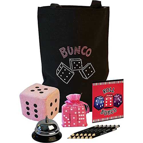 Bunco Game Kit with a Crystal Tote Bag – Includes Crystal Tote Bag, Pink Dice, Score Sheets, Pencils, Cow or Dome Bell, & 3″ Quality Plush Dice, and Rules – Perfect Social Game for Girl Night Out!