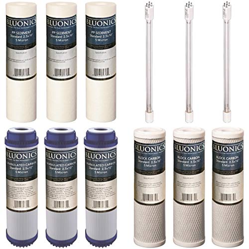 BLUONICS 12 pc Replacement Water Filter Set for Our 4 Stage UV Under Sink Filter System. Sediment Carbon Block GAC UV Bulb