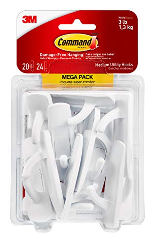 Command Medium Utility Hooks, Damage Free Hanging Wall Hooks with Adhesive Strips, No Tools Wall Hooks for Hanging Organizational Items in Living Spaces, 20 White Hooks and 24 Command Strips