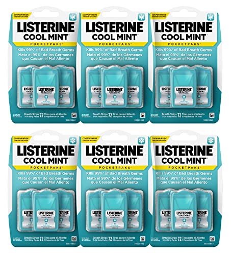 Listerine Cool Mint PocketPaks Portable Breath Strips for Bad Breath, Fresh Breath Strips to Kill 99% of Bad Breath Germs* On-The-Go, Cool Mint Flavor, 72 Count (Pack of 6)