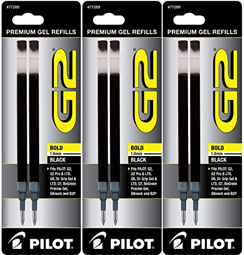Pilot G2 Gel Ink Refill, 2-Pack for Rolling Ball Pens, Bold Point, Black Ink, Pack Of 3 = 6 Refills
