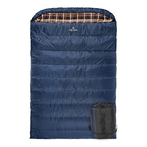 TETON Sports Celsius Mammoth Double Sleeping Bag – 0° & 20° Degree Options – Taffeta Queen-Sized Cold-Weather with Full-Length Zippers – 2-Person Camping Accessory for Car & Tent Campers, 20°F, Blue