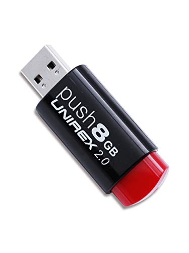 Unirex Push 8GB USB 2.0 Thumb Drive, Retractable, Black and Red, Store on Key Ring | Memory Stick Storage is Compatible with Computer, Tablet, or Laptop