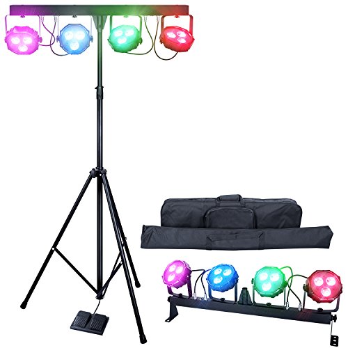 DragonX 4 Bar Gigbar DJ Lights Booth Stage Lighting Wash Packages DMX LED Mobile DJ Light System Equipment Par Can Kits Spotlight with Stand Sound Activated Strobe Party Wedding Church Band