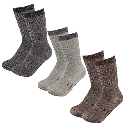 3 Pairs Thermal 80% Merino Wool Socks Hiking Crew, black, gray, brown, men’s shoe size 9-12, women’s 11-13
