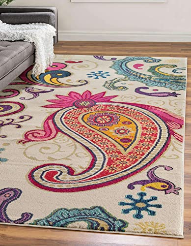 Unique Loom Estrella Collection Colorful, Paisley, Floral, Abstract, Modern Area Rug, 6 ft 7 in x 9 ft 6 in, Beige/Pink