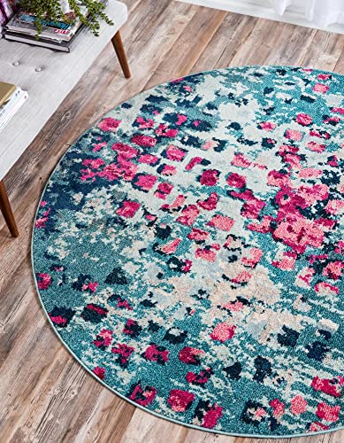Unique Loom Jardin Collection Colorful, Vibrant, Abstract, Modern Area Rug, 6′ 0″ x 6′ 0″, Blue/Pink