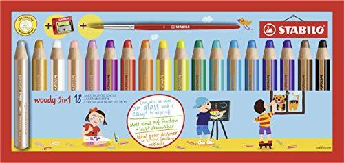 STABILO Multi-Talented Pencil woody 3 in 1 – Pack of 18 – Assorted Colours with Sharpener and Paint Brush