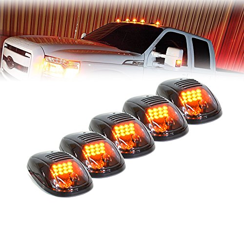 Xprite Black Smoked Lens 12 LEDs Cab Clearance Light 5 Pcs Roof Top Marker Running Lights Kit for Ford Dodge Ram Trucks SUV POV Pickup – Amber Yellow