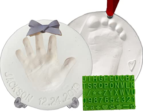 Baby Handprint Footprint Keepsake Ornament Kit (Makes 2) – Bonus Stencil for Personalized Christmas, Newborn, New Mom & Shower Gifts. 2 Easels! Non-Toxic Clay, Air-Dries Light & Soft, Won’t Crack.