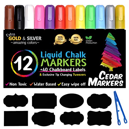 Cedar Markers Liquid Chalk Markers – 12 Pack With 40 Chalkboard Labels – Bold Neon Color Pens Including Gold And Silver Paint. Dry Erase Markers for Windows, Glass, Chalkboard with Reversible Tip.