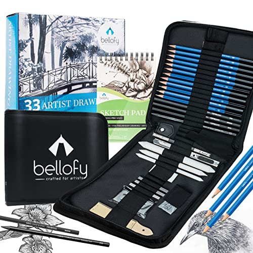 Bellofy 33 piece Drawing Kit with 100 Sheets Pad | Drawing Kit for Adults comes with Sketch Supplies for Kids, Beginners & Artists | Drawing Set contains Sketching Pencils, & more drawing stuff