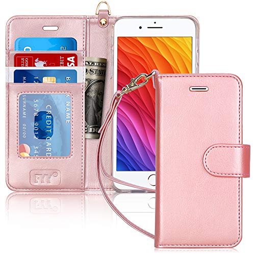 FYY for iPhone 8 Plus Case/iPhone 7 Plus Case, PU Leather Flip Wallet Phone Case with Card Holder Wrist Strap Kickstand Protective Cover for iPhone 7 Plus/8 Plus 5.5″ Rose Gold