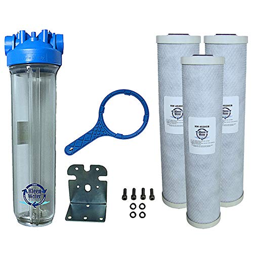 KleenWater Premier4520CL Chlorine Whole House Water Filter System – 1.5 Inch Inlet/Outlet – Transparent Housing – 7 GPM with Bracket, Wrench and Three 4.5 x 20 Chlorine Removal Cartridges