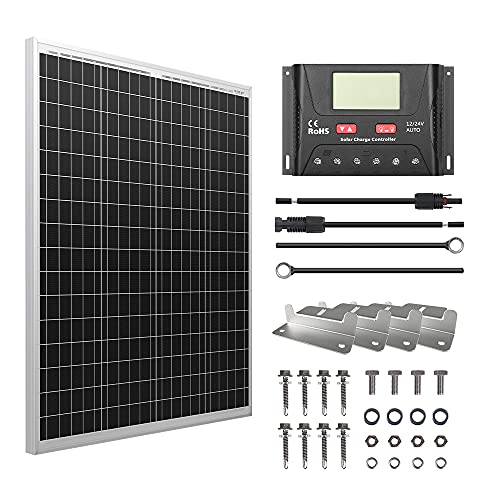 HQST 100W Polycrystalline Solar Panel Kit-100W Poly Panel+30A PWM LCD Charge Controller+1 Set Mounting Z Bracket+20ft 12AWG PV Cable+8FT 10AWG Tray Cable for Car RV Marine Boat Trailer Off Grid System
