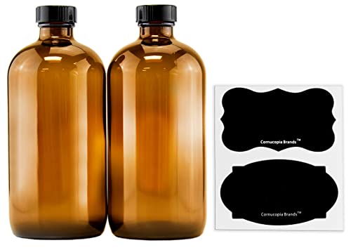 Cornucopia Brands 16-Ounce Amber Glass Bottles with Reusable Chalk Labels and Lids (2 Pack), Refillable Brown Boston Round Bottles, with Black 28-400 Caps