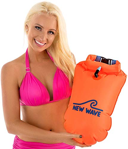 New Wave Swim Buoy – Swim Safety Float and Drybag for Open Water Swimmers, Triathletes, Kayakers and Snorkelers, Highly Visible Buoy Float for Safe Swim Training (Orange-PVC Large-20 Liter)