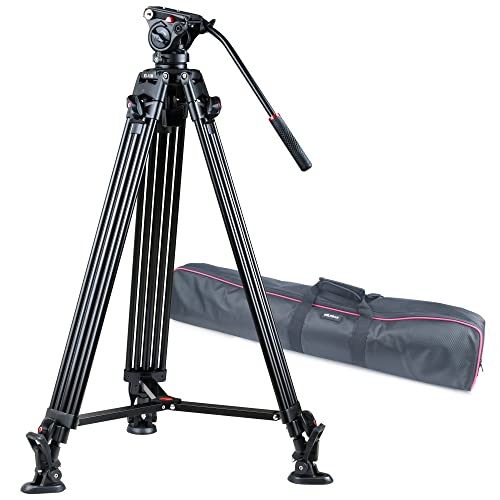 VILTROX VX-18M Professional Heavy Duty Video Camcorder Tripod with Fluid Drag Head and Quick Release Plate, 74″ inch,Max Loading 10KG, with Carrying Bag,Horseshoe Shaped Bracket