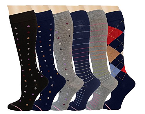 Ladies 6 Pair Pack Compression Knee-Hi Socks (Assorted 2)(Shoe size 4-10)