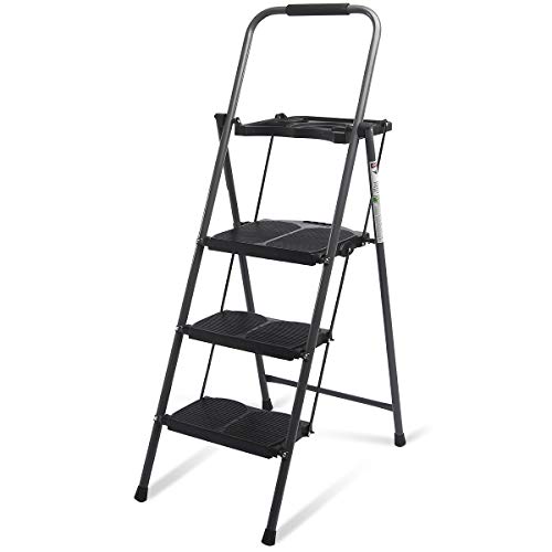 Giantex 3 Step Ladder with Utility Tray, Folding Step Stool with Anti-Slip Footpads, 330 lbs Wide Pedal, Convenient Handgrip, Portable Steel Ladder for Office Home Use