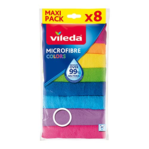 Vileda Microfibre Colors, Panni in Microfibra, Lavabili in Lavatrice, Riutilizzabili, Multicolore, 30×30 cm, 8 Pezzi