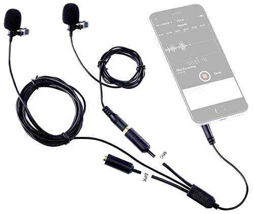 Movo Professional Lavalier Lapel Clip-on Interview Podcast Microphone with Secondary Mic and Headphone Monitoring Input for iPhone, iPad, Samsung, Android Smartphones, Tablets – Podcast Equipment