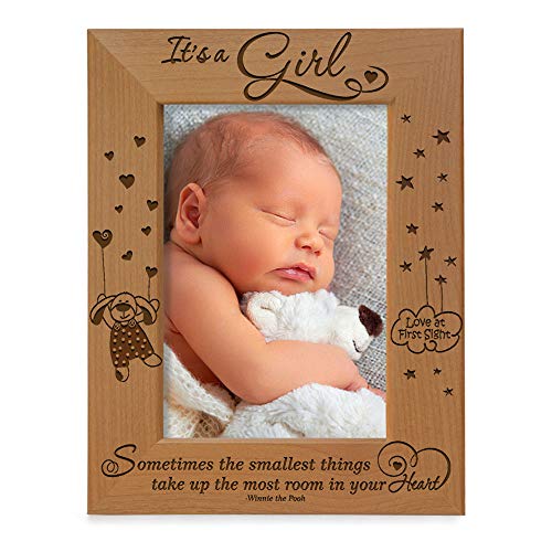 KATE POSH- It’s a Girl, Sometimes The Smallest Things take up The Most Room in Your Heart, Winnie The Pooh Engraved Natural Wood Picture Frame, Baby’s 1st Picture, Love at First Sight (4×6 Vertical)