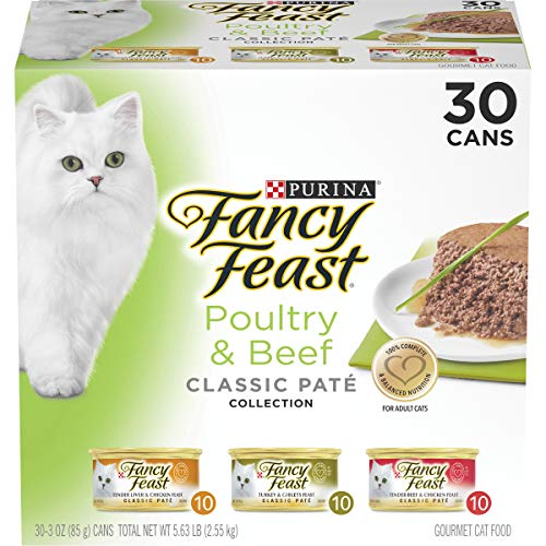 Purina Fancy Feast Grain Free Pate Wet Cat Food Variety Pack, Poultry & Beef Collection – (30) 3 oz. Cans