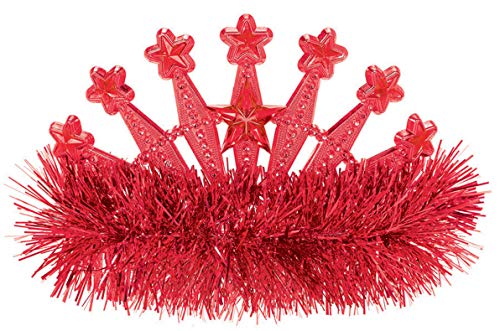 Amscan Stars Gem and Tinsel Fringed Crown Tiara, 5″ x 4″, Red
