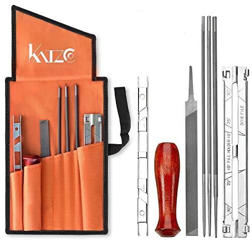Katzco Chainsaw Sharpener File Kit – Contains 5/32, 3/16, and 7/32 Inch Files, Wood Handle, Depth Gauge, Filing Guide, and Tool Pouch – for Sharpening and Filing Chainsaws and Other Blades