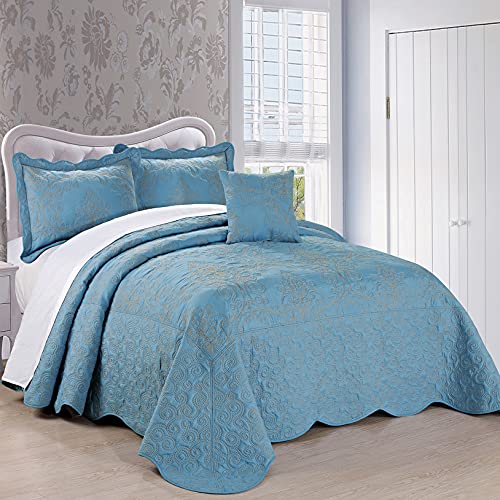 Home Soft Things Damask 4 Piece Bedspread Set, Scalloped Edge Reversible Coverlet Comforter Prewashed Bedding Set, Matelasse Embossed Floral Solid Pattern,Forget Me Not Oversize Queen(110″ x 120″)
