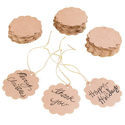 Brown Craft Scalloped Paper Label Tags with Jute Twines String for Birthday Party, Wedding Decoration Gifts, Organizing, Arts & Crafts (100 Pack)