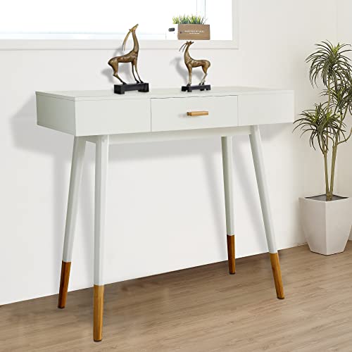 eHemco Euro Console Sofa Table with Drawer and Bamboo Legs, White and Dark Oak