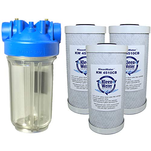 KleenWater Premier Chlorine Whole House Water Filter System, Carbon Block Filters Set of 3, Transparent Housing, 1.5 Inch Inlet/Outlet, Wrench, Mounting Bracket and Hardware